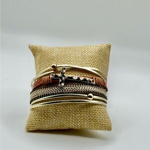 Elegant Gold Cross and Brown Multi-Layer Bracelet